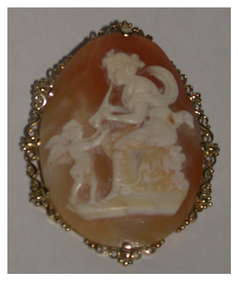Antique Huge Mythological Hand-Carved Shell Cameo, "Euterpe with Angel" Antique Huge Mythological Hand-Carved Shell Cameo, "Euterpe with Angel"