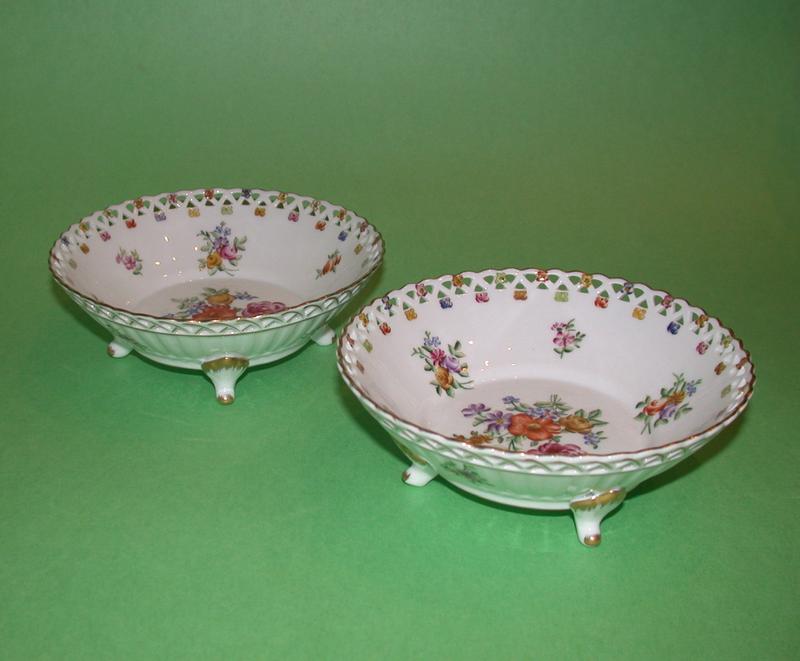 Lovely Pair of Dresden Hand-Painted Reticulated Footed Bowls; signed Lovely Pair of Dresden Hand-Painted Reticulated Footed Bowls; signed
