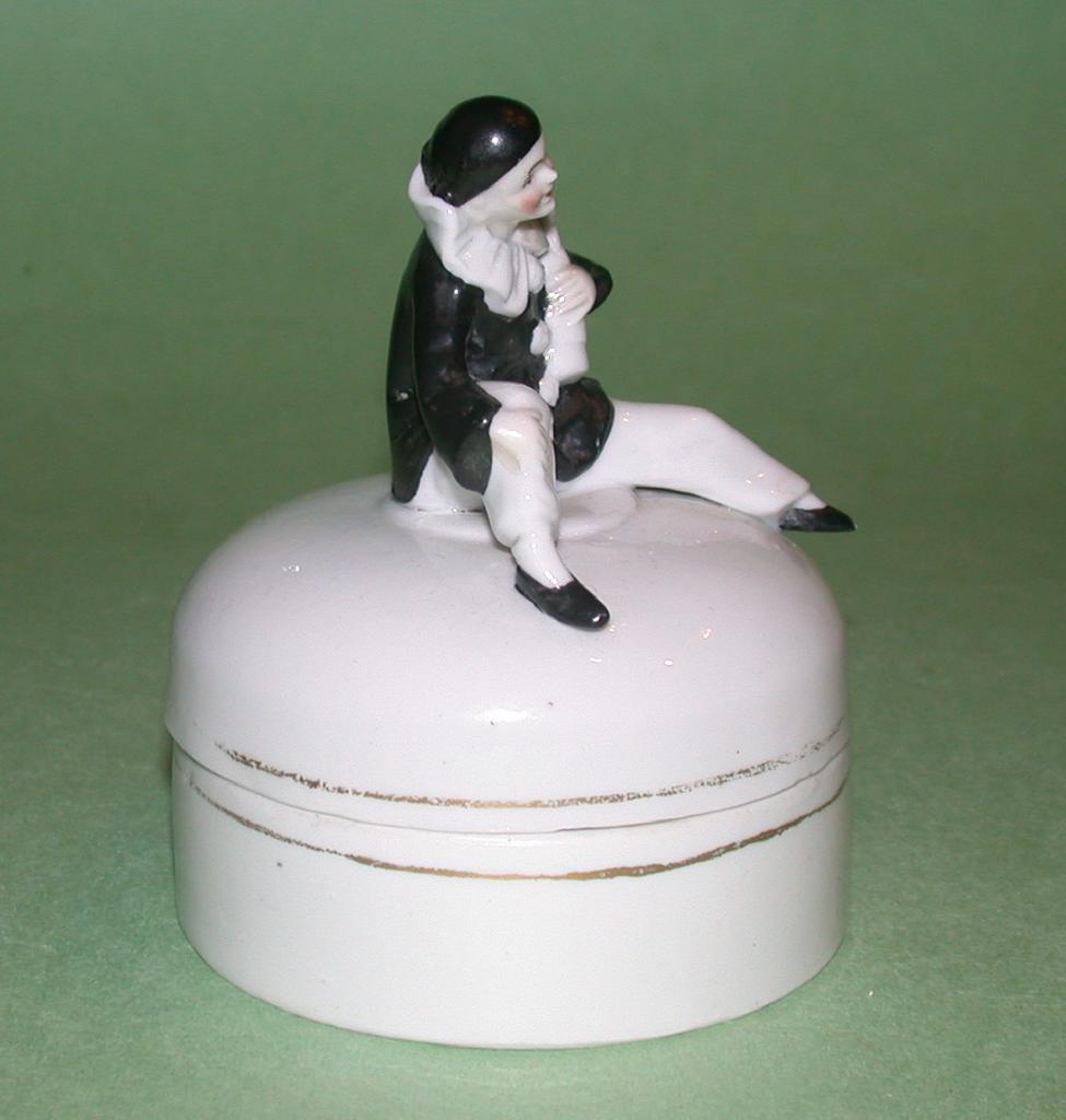 Art Nouveau Dresser Box, With Pierrot Seated on the Lid Holding a Bottle Art Nouveau Dresser Box, With Pierrot Seated on the Lid Holding a Bottle
