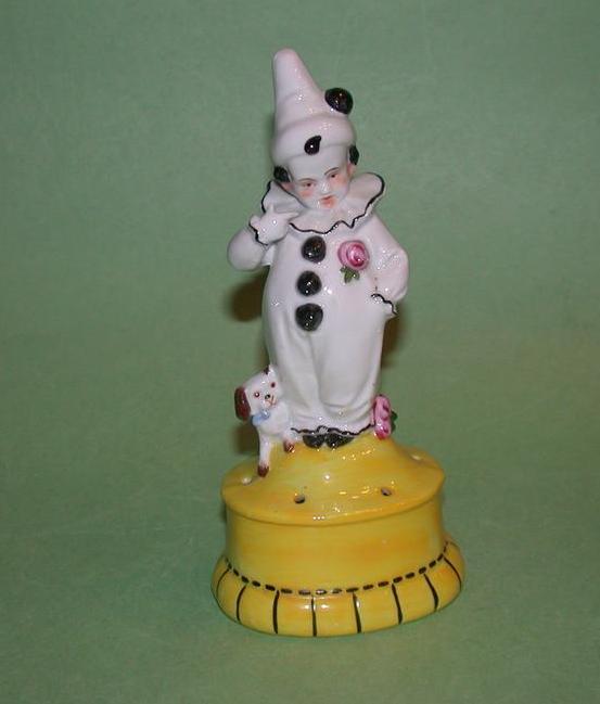 Art Deco Figural Hatpin/Posy Holder, Child in Pierrot Costume With Dog, Germany, c 1920s Art Deco Figural Hatpin/Posy Holder, Child in Pierrot Costume With Dog, Germany, c 1920s