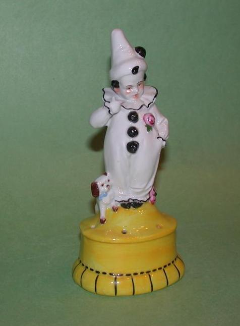 Art Deco Figural Hatpin/Posy Holder, Child in Pierrot Costume With Dog, Germany, c 1920s Art Deco Figural Hatpin/Posy Holder, Child in Pierrot Costume With Dog, Germany, c 1920s