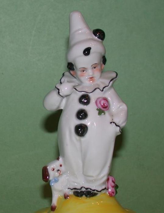 Art Deco Figural Hatpin/Posy Holder, Child in Pierrot Costume With Dog, Germany, c 1920s Art Deco Figural Hatpin/Posy Holder, Child in Pierrot Costume With Dog, Germany, c 1920s