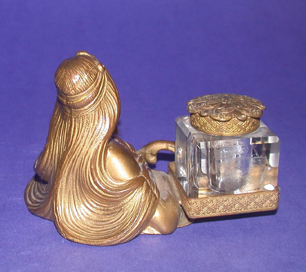 Art Nouveau Metal Inkwell With Cut Glass Bottle, c 1900 Art Nouveau Metal Inkwell With Cut Glass Bottle, c 1900