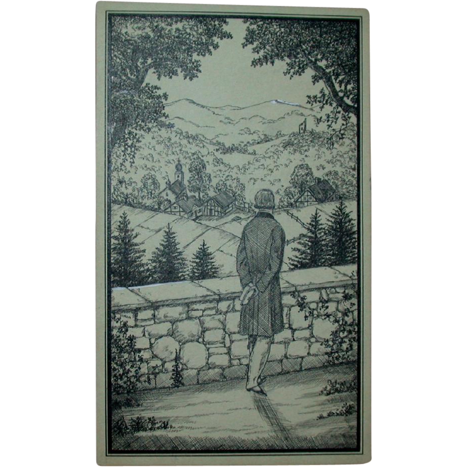 Original Ink Drawing "A Beautiful View" by Erich Simon, Signed, c 1910