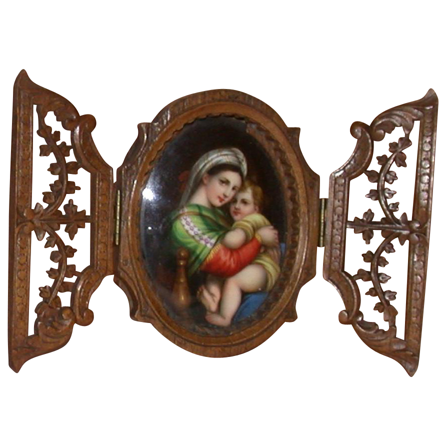 Madonna and Holy Child - Painting on Porcelain With Hand-Carved Wood Frame c 1870 Madonna and Holy Child - Painting on Porcelain With Hand-Carved Wood Frame c 1870