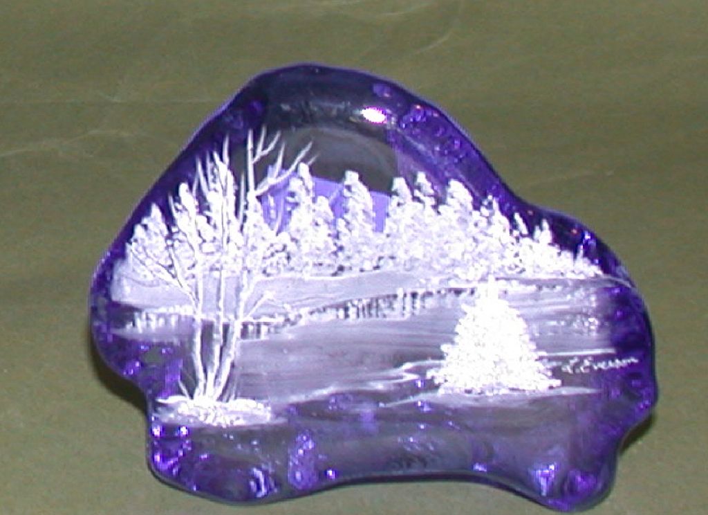 Original Work by L. Everson: Hand-Painted Cobalt Blue Iceberg Paperweight, "Winter Scene" Original Work by L. Everson: Hand-Painted Cobalt Blue Iceberg Paperweight, "Winter Scene"