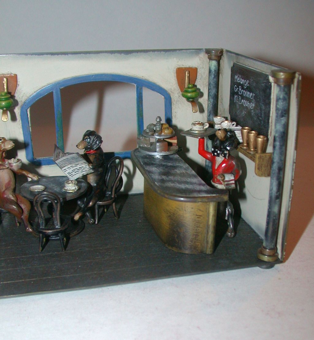 MUSEUM QUALITY Elaborate Art Nouveau Vienna Bronze Coffeehouse For Dachshunds Diorama by Bergmann - Signed MUSEUM QUALITY Elaborate Art Nouveau Vienna Bronze Coffeehouse For Dachshunds Diorama by Bergmann - Signed