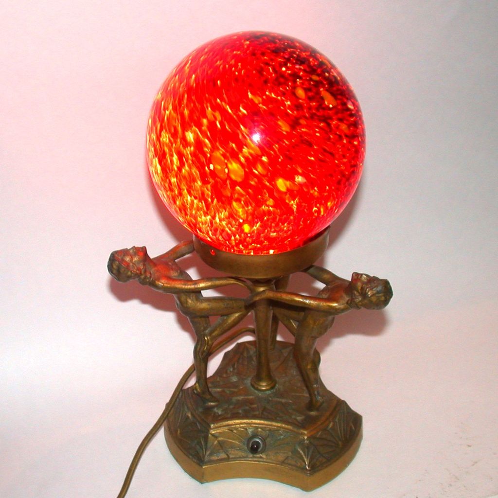 Art Deco Lamp With Three Nudes And Strikingly Beautiful "End of Day" Glass Globe, Circa 1920 Art Deco Lamp With Three Nudes And Strikingly Beautiful "End of Day" Glass Globe, Circa 1920