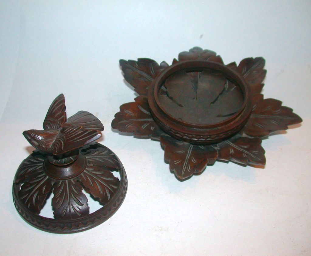 Carved Walnut Box With Bird Form Finial. Lovely Foliate Base Carved Walnut Box With Bird Form Finial. Lovely Foliate Base