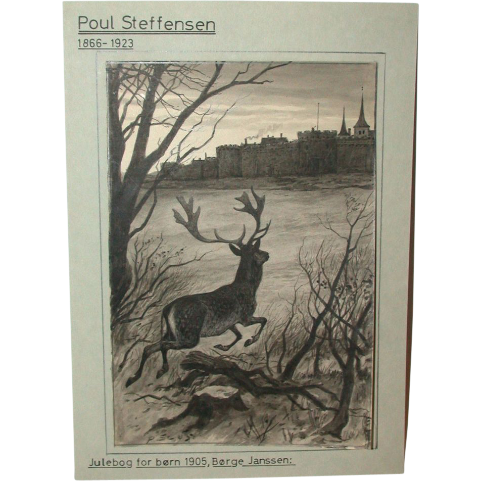 Antique Original Drawing by Poul Steffensen (1866-1923), Signed and Dated 1905, Antique Original Drawing by Poul Steffensen (1866-1923), Signed and Dated 1905,