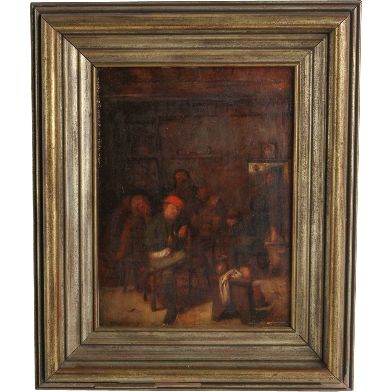Antique Painting Tavern Scene Oil on Board Mid 19th Century from