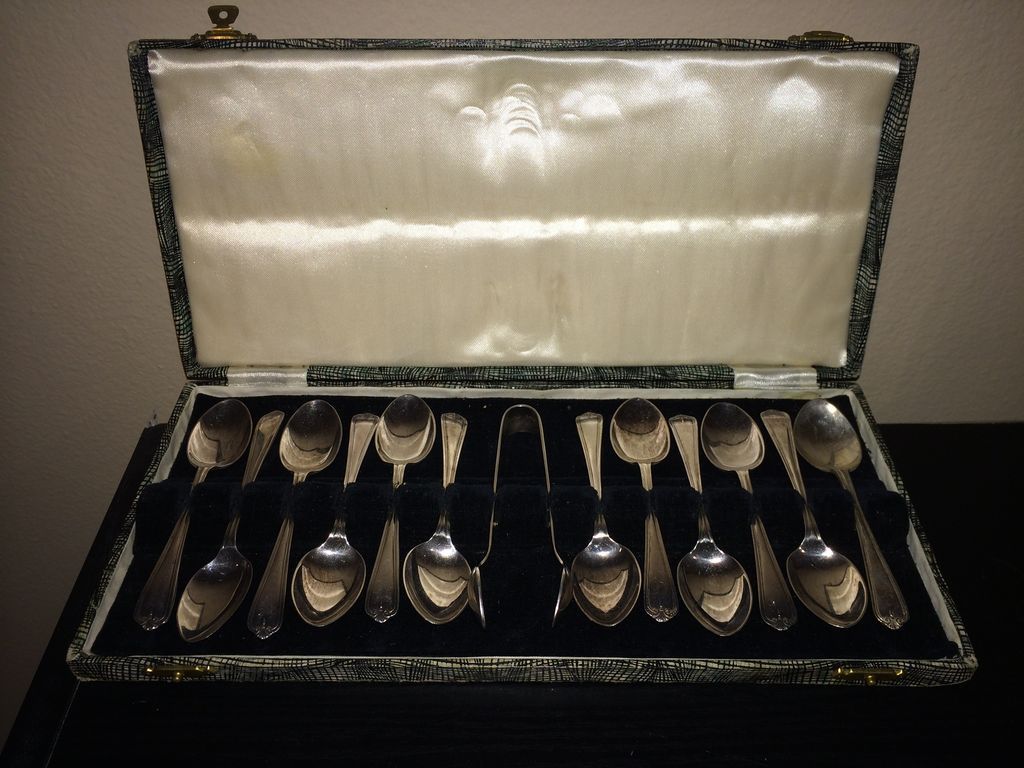 Vintage Boxed Set of Newbridge Of Ireland Demitasse Spoons with Sugar Tongs Vintage Boxed Set of Newbridge Of Ireland Demitasse Spoons with Sugar Tongs