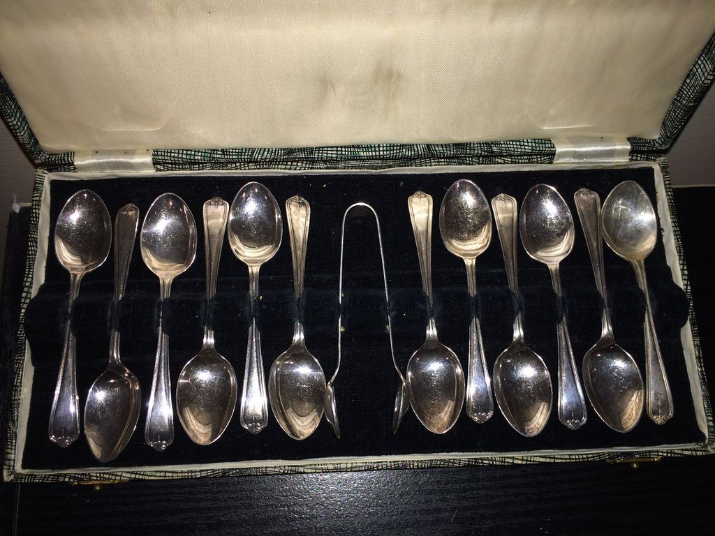 Vintage Boxed Set of Newbridge Of Ireland Demitasse Spoons with Sugar Tongs Vintage Boxed Set of Newbridge Of Ireland Demitasse Spoons with Sugar Tongs
