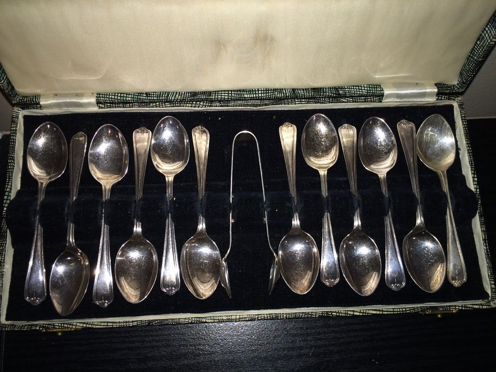 Vintage Boxed Set of Newbridge Of Ireland Demitasse Spoons with Sugar Tongs Vintage Boxed Set of Newbridge Of Ireland Demitasse Spoons with Sugar Tongs