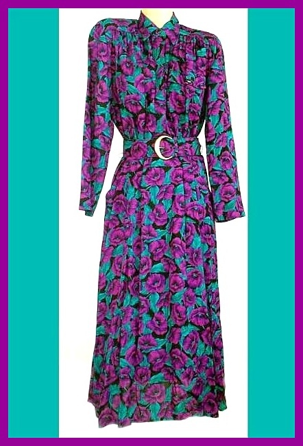 1980s Purple Tropical Blossoms BACK BUTTON Dress~Wide Belt + TWO YARD Hem! 1980s Purple Tropical Blossoms BACK BUTTON Dress~Wide Belt + TWO YARD Hem!