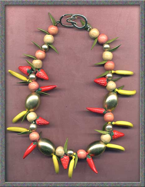 FUN Miss Chaquita Tropical Fruits & Peppers Wood Lucite & Celluloid Necklace! FUN Miss Chaquita Tropical Fruits & Peppers Wood Lucite & Celluloid Necklace!