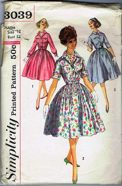 Simplicity #3039 Pouffy Skirt Rockabilly Shirtwaist Dress~Size 12/Bust 32"~Complete, 1958 Simplicity #3039 Pouffy Skirt Rockabilly Shirtwaist Dress~Size 12/Bust 32"~Complete, 1958