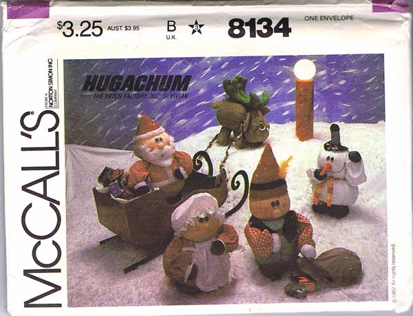 McCall's #8134 Adorable Hugachums Christmas Package~Santa, Mrs. Claus, Elf, Snowman & Reindeer Stuffed Toys~UNCUT FF 1982 McCall's #8134 Adorable Hugachums Christmas Package~Santa, Mrs. Claus, Elf, Snowman & Reindeer Stuffed Toys~UNCUT FF 1982