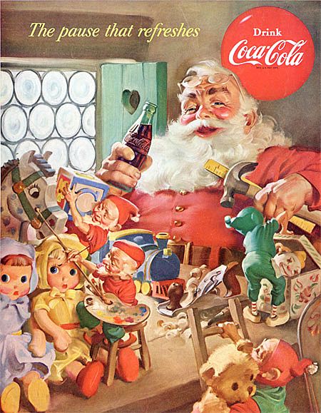Iconic Haddon Sundblom COCA-COLA Santa Christmas Ad~Elves, Baby Dolls, Teddy Bear + More Toys! BACK COVER National Geographic Magazine Nov. 1953 Iconic Haddon Sundblom COCA-COLA Santa Christmas Ad~Elves, Baby Dolls, Teddy Bear + More Toys! BACK COVER National Geographic Magazine Nov. 1953