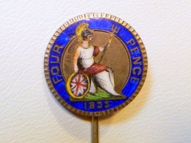 Antique Victorian Enameled 4 Pence Stickpin Antique Victorian Enameled 4 Pence Stickpin