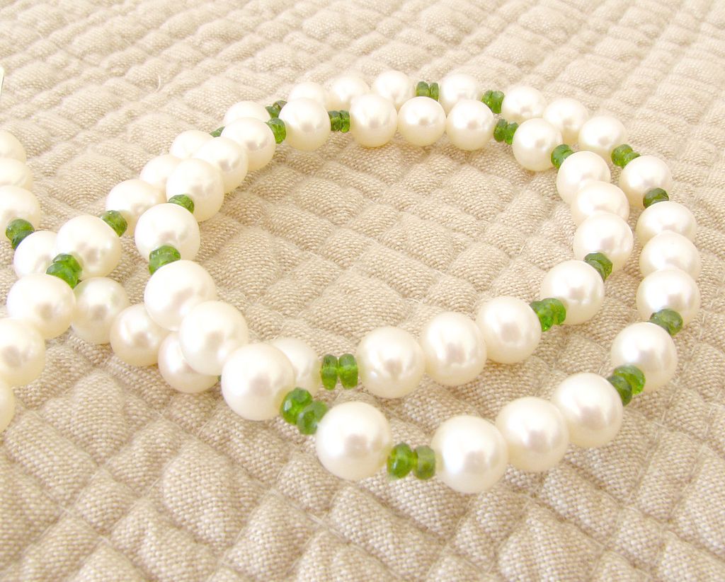 Cultured Freshwater Pearl, Green Tourmaline Gemstone Necklace - 15% OFF Cultured Freshwater Pearl, Green Tourmaline Gemstone Necklace - 15% OFF