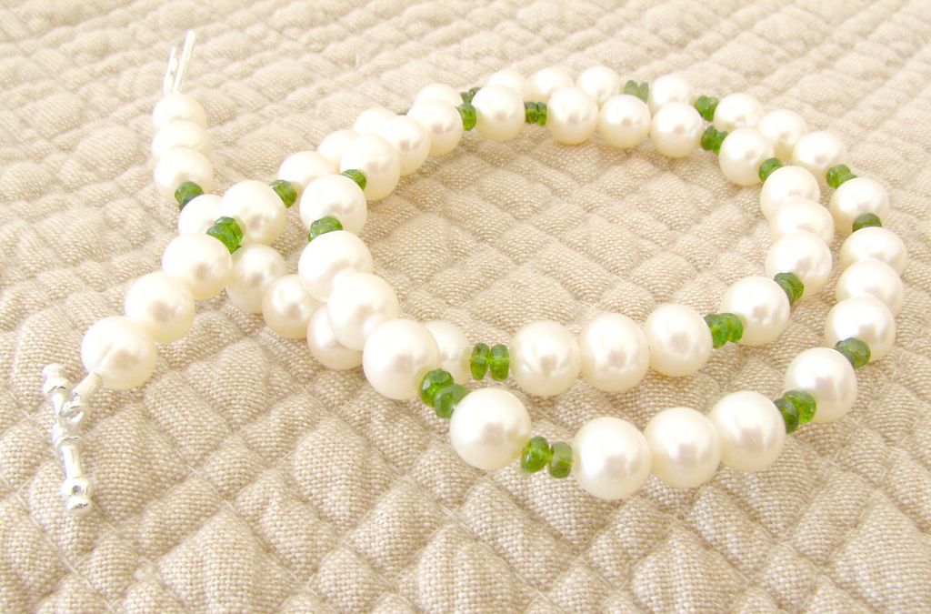 Cultured Freshwater Pearl, Green Tourmaline Gemstone Necklace - 15% OFF Cultured Freshwater Pearl, Green Tourmaline Gemstone Necklace - 15% OFF