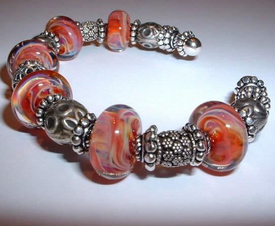 Red Boro Swirls, Lampwork Glass, Sterling Silver Cuff Bangle Bracelet - Wearable Art Red Boro Swirls, Lampwork Glass, Sterling Silver Cuff Bangle Bracelet - Wearable Art