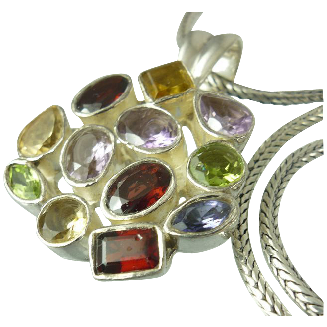Multi Gemstone Pendant and Balinese Sterling Necklace Multi Gemstone Pendant and Balinese Sterling Necklace