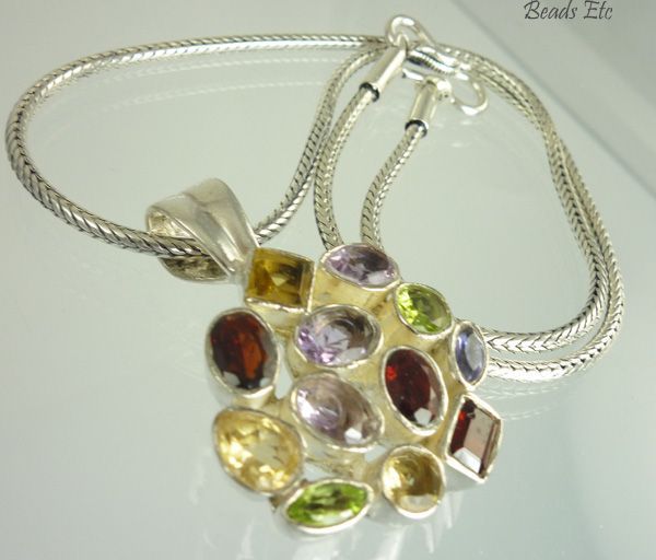 Multi Gemstone Pendant and Balinese Sterling Necklace Multi Gemstone Pendant and Balinese Sterling Necklace