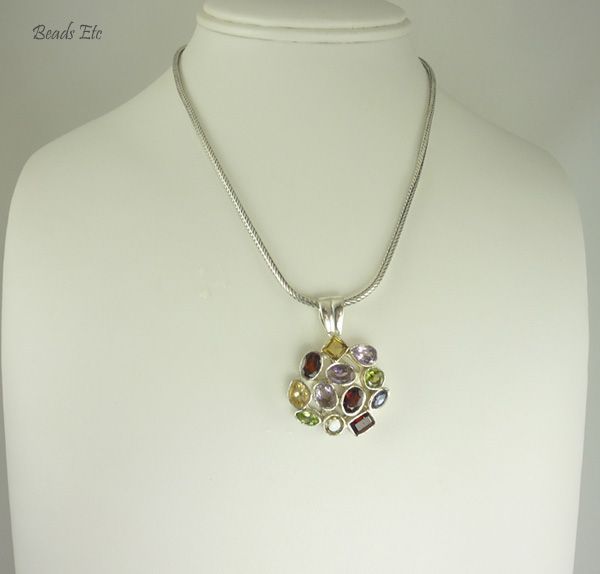 Multi Gemstone Pendant and Balinese Sterling Necklace Multi Gemstone Pendant and Balinese Sterling Necklace