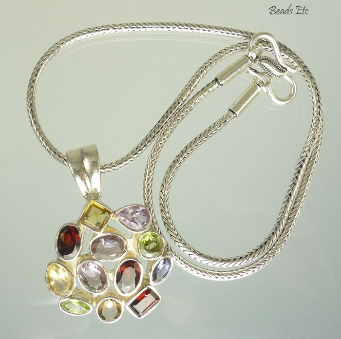 Multi Gemstone Pendant and Balinese Sterling Necklace Multi Gemstone Pendant and Balinese Sterling Necklace