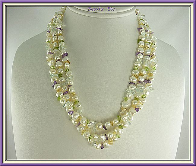 Multi Gem, 14k Gold and Freshwater Cultured Pearl Necklace Multi Gem, 14k Gold and Freshwater Cultured Pearl Necklace