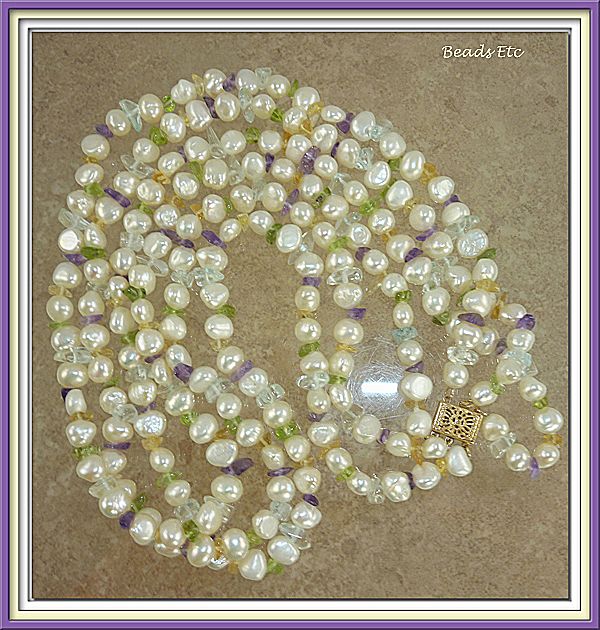 Multi Gem, 14k Gold and Freshwater Cultured Pearl Necklace Multi Gem, 14k Gold and Freshwater Cultured Pearl Necklace