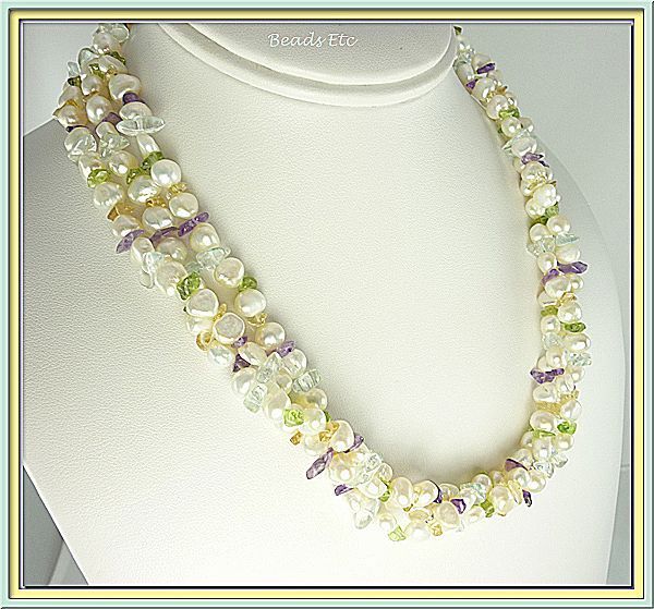 Multi Gem, 14k Gold and Freshwater Cultured Pearl Necklace Multi Gem, 14k Gold and Freshwater Cultured Pearl Necklace
