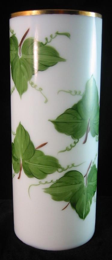 Consolidated Milk Glass Cylinder Vase with Ivy Decoration Consolidated Milk Glass Cylinder Vase with Ivy Decoration