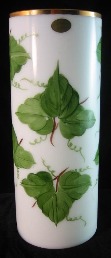 Consolidated Milk Glass Cylinder Vase with Ivy Decoration Consolidated Milk Glass Cylinder Vase with Ivy Decoration
