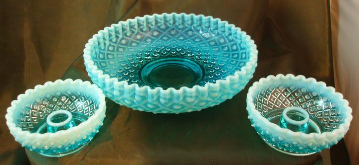 Fenton Blue Opalescent Diamond Lace Console Set Fenton Blue Opalescent Diamond Lace Console Set