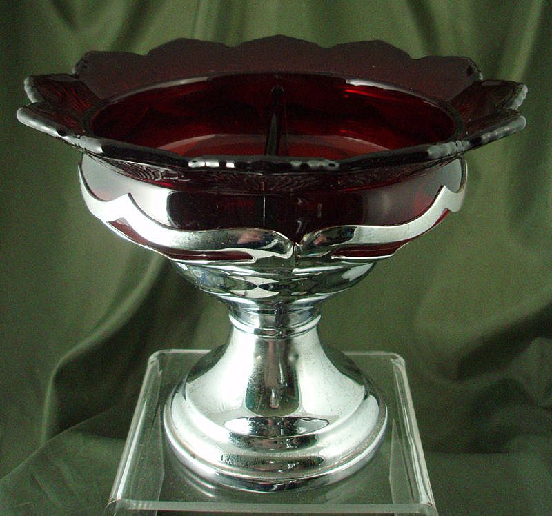 Farber Bros Krome Kraft Compote with Fenton Ruby Silvertone Divided Insert Farber Bros Krome Kraft Compote with Fenton Ruby Silvertone Divided Insert