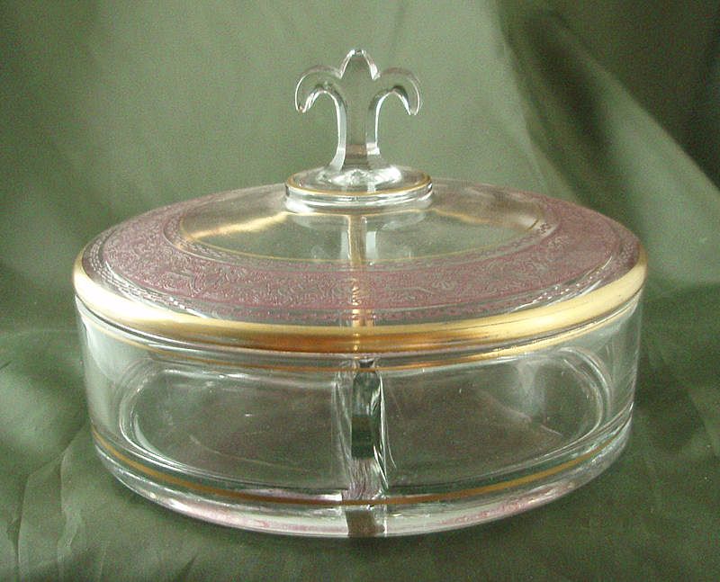 Central Glass Round Divided Lidded Candy Box with Unknown Etching Central Glass Round Divided Lidded Candy Box with Unknown Etching