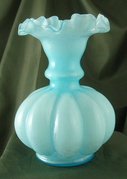 Fenton Blue Overlay Small Melon Vase Fenton Blue Overlay Small Melon Vase
