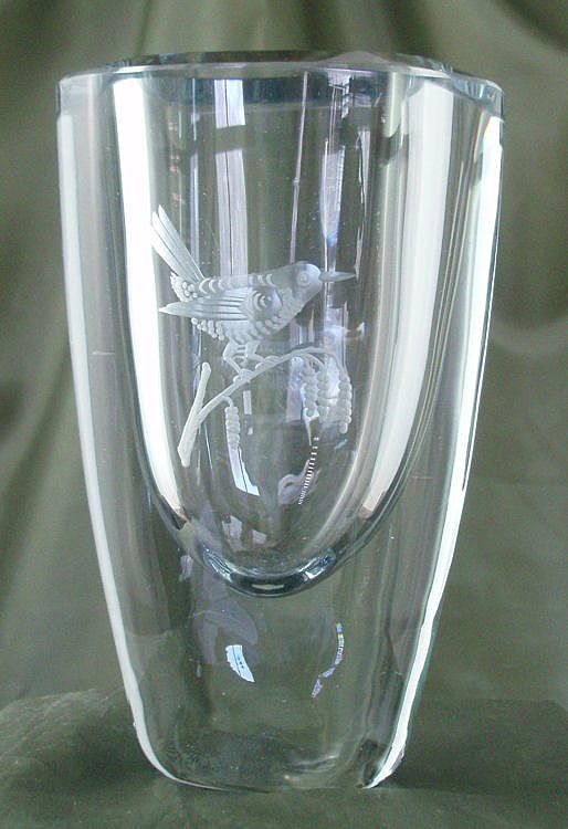 Strombergshyttan Vase Engraved Bird on Branch Strombergshyttan Vase Engraved Bird on Branch