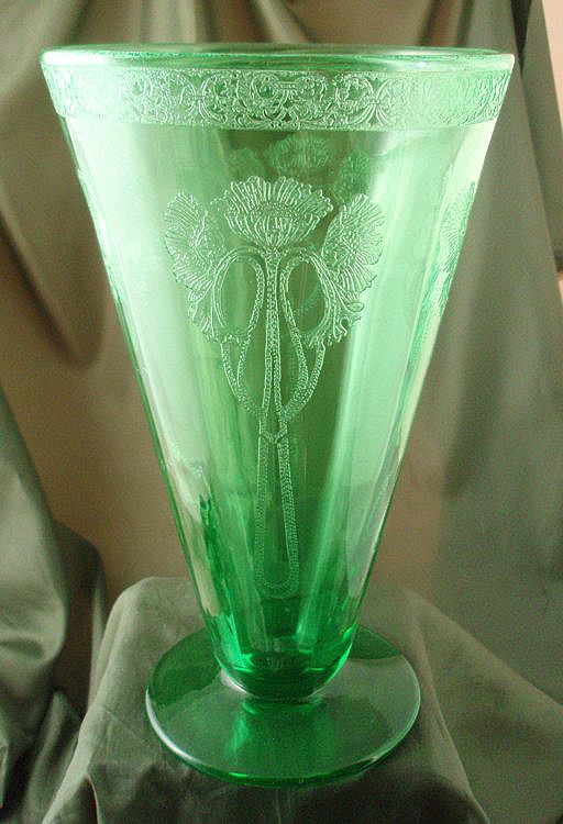 Lotus Three Poppy Etched Green Footed Vase Lotus Three Poppy Etched Green Footed Vase