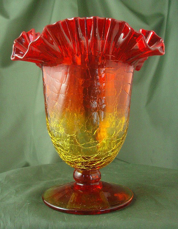 Blenko Tangerine 388 Crackle Glass Footed Vase Blenko Tangerine 388 Crackle Glass Footed Vase
