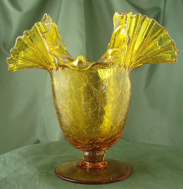 Blenko 388 Lemon Yellow Crackle Glass Footed Vase Blenko 388 Lemon Yellow Crackle Glass Footed Vase