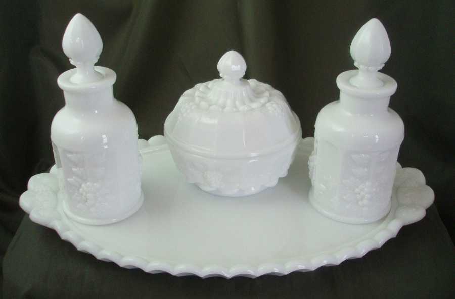 Westmoreland Paneled Grape Milk Glass Vanity Set Westmoreland Paneled Grape Milk Glass Vanity Set