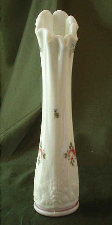 Westmoreland Paneled Grape Milk Glass Swung Bud Vase with Roses & Bows Decoration Westmoreland Paneled Grape Milk Glass Swung Bud Vase with Roses & Bows Decoration