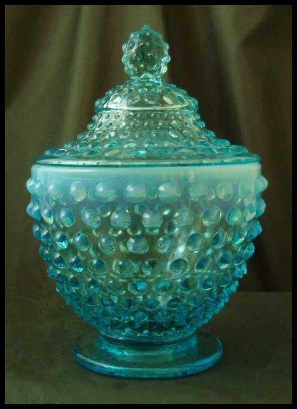 Fenton Blue Opalescent Hobnail Footed Candy Jar Fenton Blue Opalescent Hobnail Footed Candy Jar