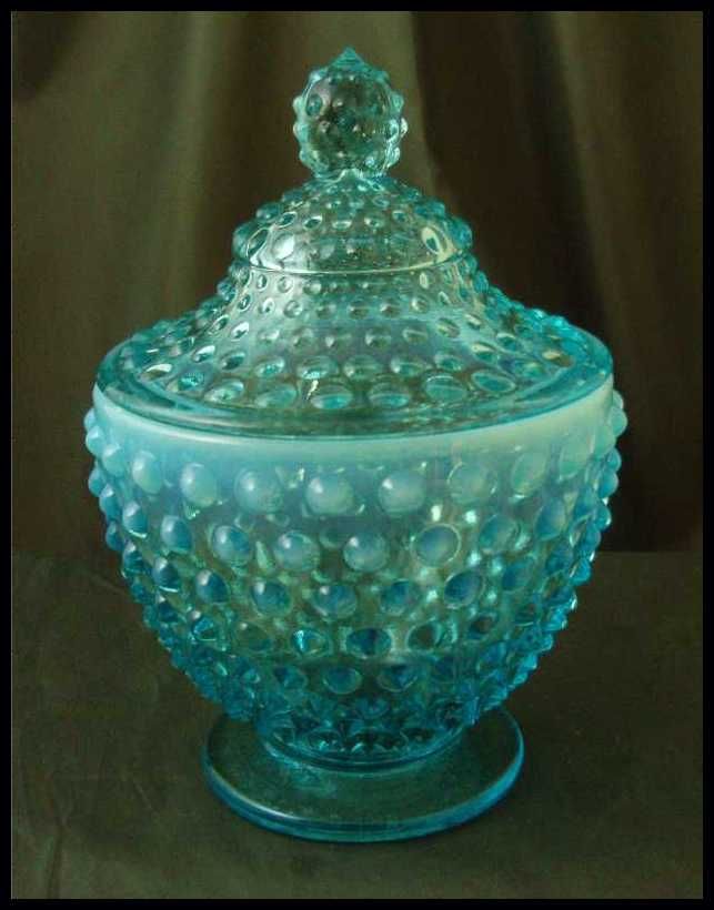 Fenton Blue Opalescent Hobnail Footed Candy Jar Fenton Blue Opalescent Hobnail Footed Candy Jar