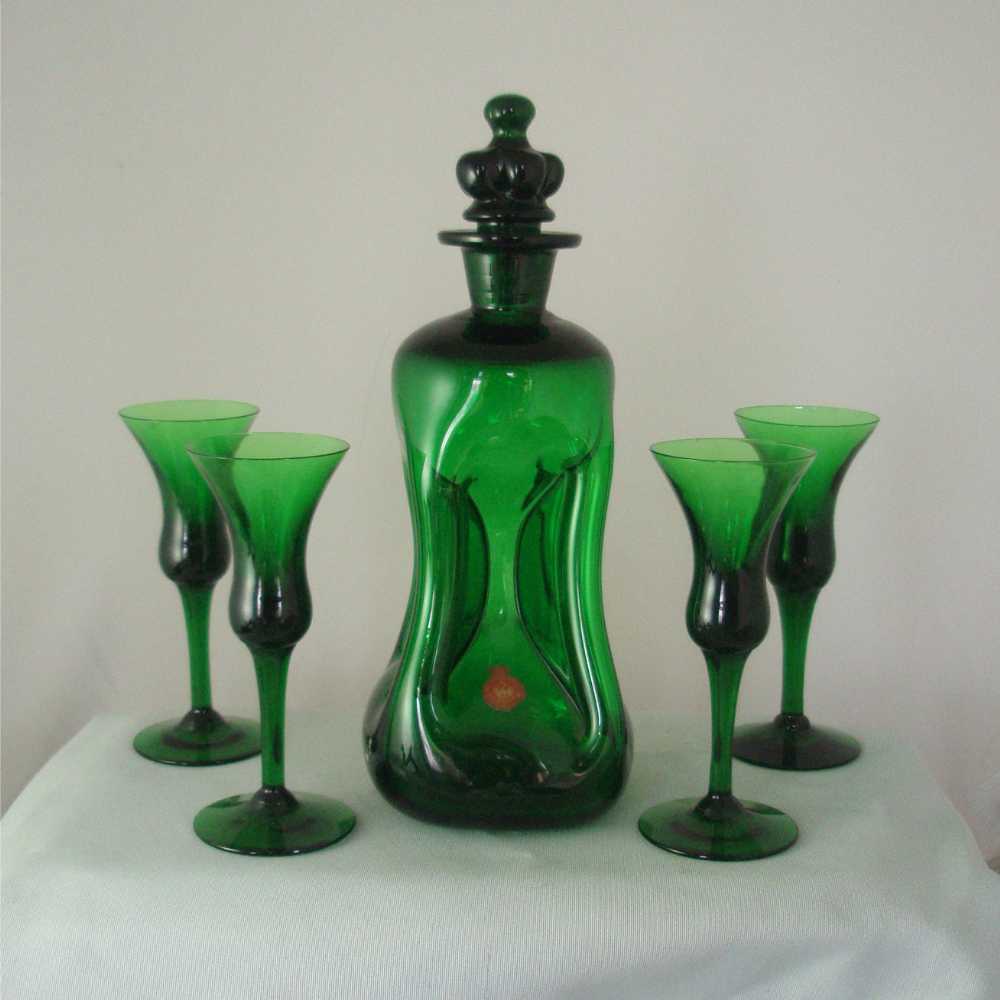 Holmegaard Emerald Green Kluk Kluk Decanter & Cordial Glasses Holmegaard Emerald Green Kluk Kluk Decanter & Cordial Glasses