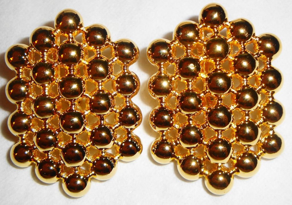 Vintage Signed Avon 1991 "Bold Dimensions Clip Earrings" ~ heavy, gleaming medal beads in abstract design Vintage Signed Avon 1991 "Bold Dimensions Clip Earrings" ~ heavy, gleaming medal beads in abstract design